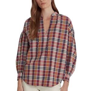 Lauren Ralph Lauren Cotton Poplin  Madras Plaid Tie-Neck Blouse  New Size Medium